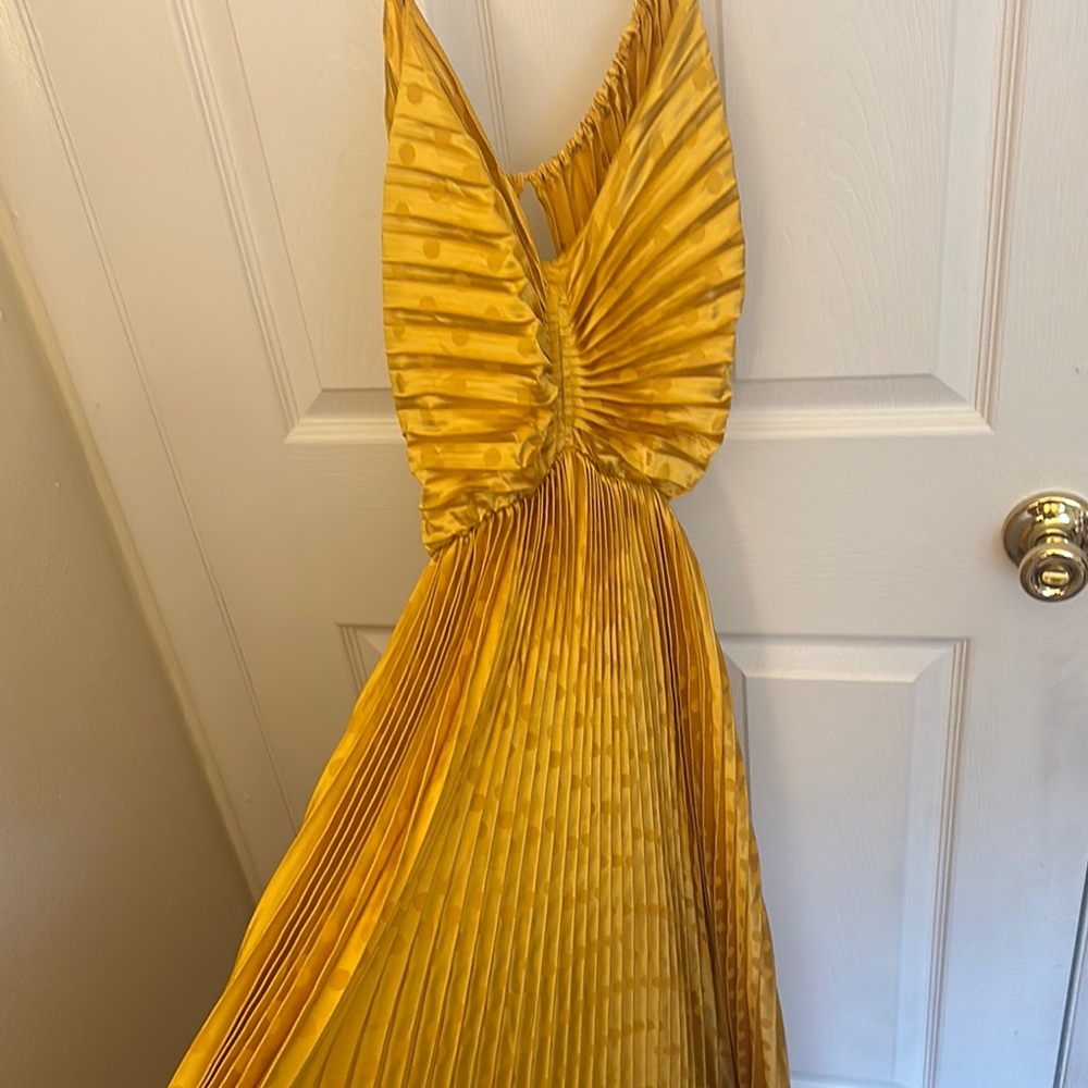 Vici marigold pleated polka dot maxi dress